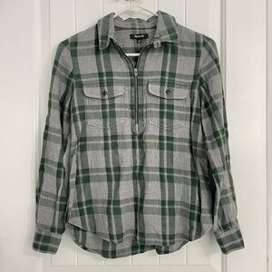 Madewell Zip-Up Green Plaid Long Sleeves Collar Shirt